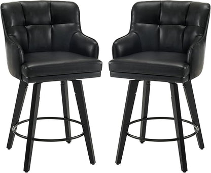 360°Swivel Counter Height Bar Stools with Back, 26 inch Solid Wood Legs, Bar Stool Modern Kitchen Island Chairs, Faux Leather (Black- Faux Leather, 26" H- Set of 2)