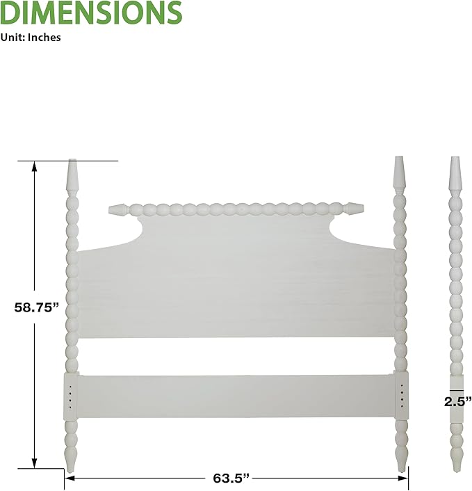 OSP Home Furnishings Spindle Design Cottage Style Headboard, 63.5 x 58.75 inches, Sandcastle Antique White Finish, Queen Size