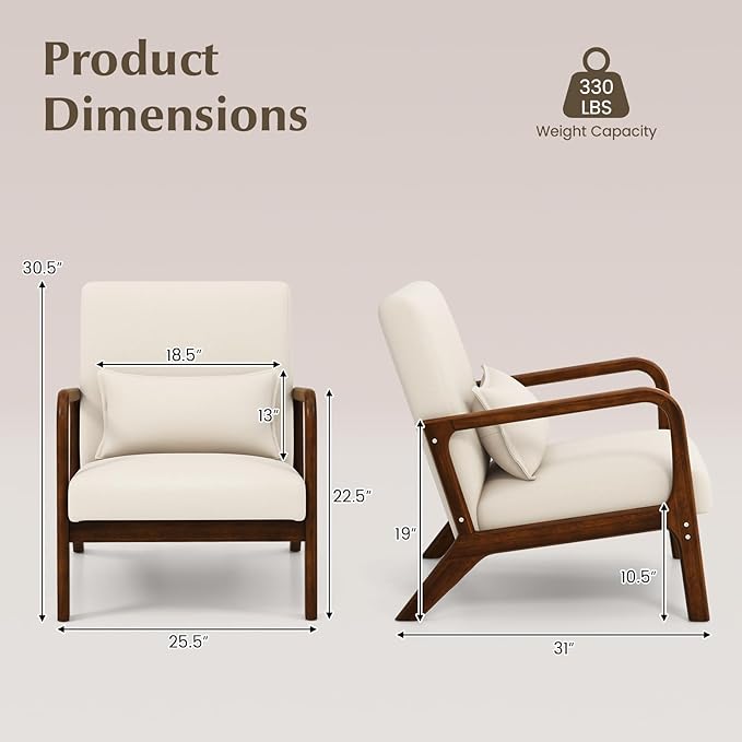 KOMFOTT Mid-Century Modern Accent Chair Set of 2, Living Room LeisureChair with Cushioned Seat & Back, Upholstered Armchair with Rubber Wood Frame & Lumbar Pillow, Lounge Chair for Bedroom, Beige