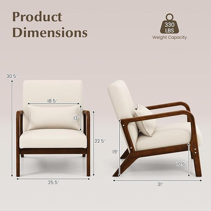 KOMFOTT Mid-Century Modern Accent Chair Set of 2, Living Room LeisureChair with Cushioned Seat & Back, Upholstered Armchair with Rubber Wood Frame & Lumbar Pillow, Lounge Chair for Bedroom, Beige