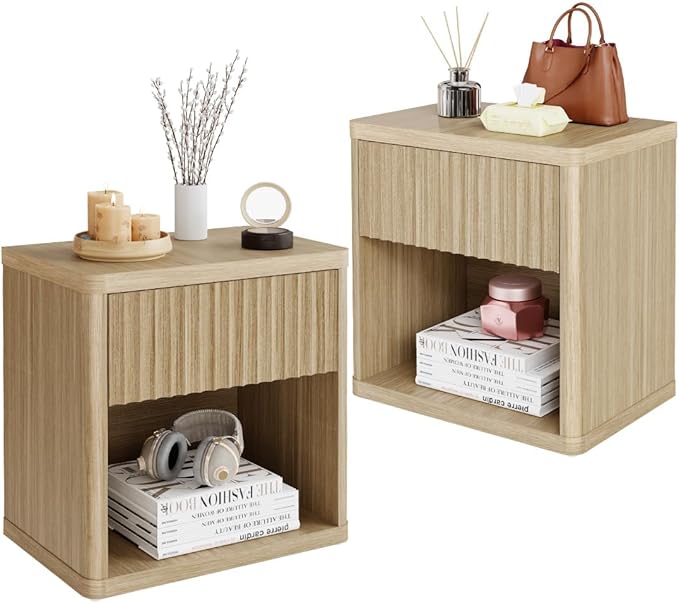 22.8" Fluted Nightstands Set of 2, Large Modern Nightstand with Drawer and Storage Shelf, Oak Finish & Cream, Mid Century Night Stands for Bedroom Living Room Sofa Couch Office, Natural Color