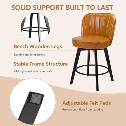 MINCETA Bar Stools Set of 2, PU Leather Barstools, 26 Inch Upholstered Counter Stools with Backrest and Footrest, Swivel Counter Height Barstools for Kitchen Island Home Bar Light Brown