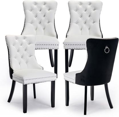 Leather Upholstered Dining Chairs Set of 4, Modern Style Kitchen Side Chairs with Nailhead Trim and Wood Leg, Metal Pulling Ring for Dining Room Living Room(Black&White,Set of)
