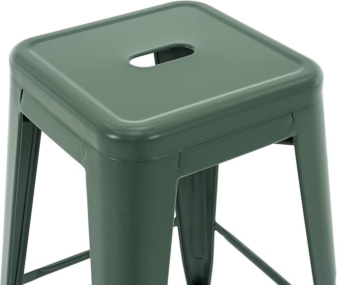 Vogue Furniture Direct 24 Inch Metal Bar Stools, Backless Counter Height Barstools, Indoor Outdoor Stackable Stools with Square Seat, Set of 4 (Dark Green)