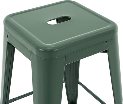 Vogue Furniture Direct 24 Inch Metal Bar Stools, Backless Counter Height Barstools, Indoor Outdoor Stackable Stools with Square Seat, Set of 2 (Dark Green)