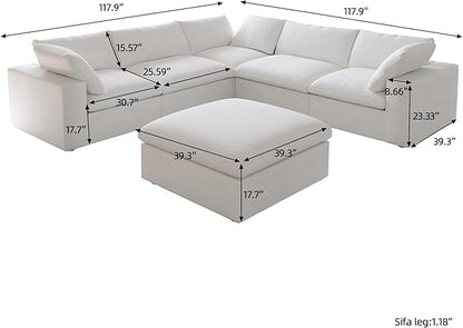 Cloud Couch Modular Sectional Sofa with Storage Ottomans,160.6" Down Filled 6 Seater Convertible Sectional Sofas,V Shaped White Couch for Living Room,Covers Washable&Replaceable