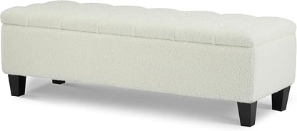 Christopher Knight Home Ottilie Boucle Fabric Storage Ottoman Bench, Wooden Rectangular Ottoman with Storage, Bedroom End of Bed Foot Stool, Entryway Ottoman Footrest, Living Room Extra Seat, White