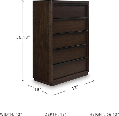 Signature Design by Ashley Kendamor Contemporary 5-Drawer Chest with Felt-Lined Top Drawer and Easy Glide for Bedroom, Dark Brown