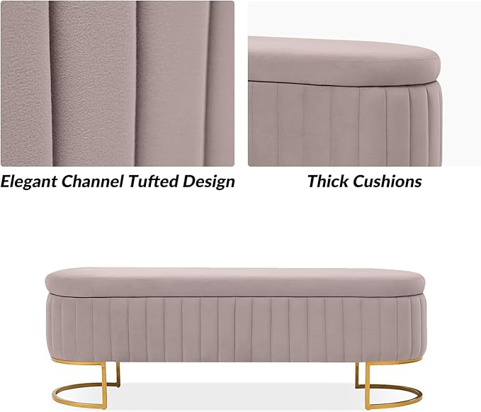 EcoHarbor Living 55.5" Storage Bench Ottoman End of Bed Bench Bedroom Bench, Upholstered Velvet Long Window Bench Large King Size with Gold Legs, Flipping Lid Entryway Footrest (Pink)