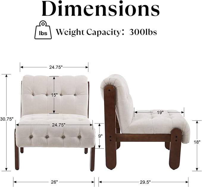 HEAH-YO Accent Chair Set of 2,Modern Vintage Living Room Chair for Bedroom with Button Tufted Back and Wood Legs,Upholstered Comfy Reading Chair for Makeup Vanity Cafe,Chenille Beige