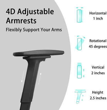 Ergonomic Office Chair with Footrest, 4D Adjustable Armrests, Comfy Swivel Rolling Mesh Computer Desk Chair with Lumbar Support, Wheels for Office, Home, Gaming, S2 Elite