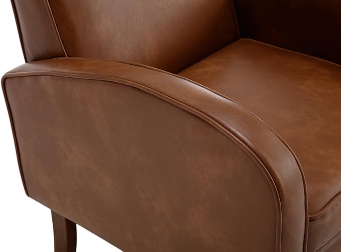 Mid Century Modern Armchair Brown Faux Leather Accent Chair with Arm Comfy Chairs Reading Chair Sofa Chair for Living Room, Rubber Wood Legs