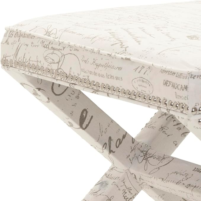 SAFAVIEH Home Collection Palmer Eggshell & French Writing with Silver Nailhead Trim X-Bench Ottoman Foot Stool, Fully Assembled (MCR4589J)