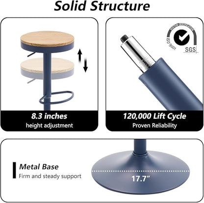 Kidol & Shellder Bar Stools Set of 2 Round Adjustable Swivel Barstools Modern Backless Bar Chairs Wooden Seat Counter Height Stools Armless for Kitchen Island, Cafe, Dining Room Blue