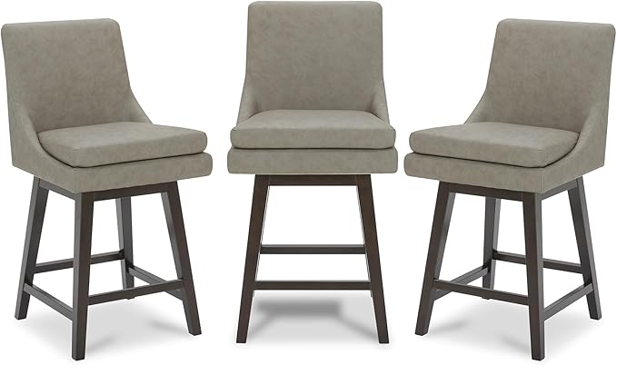 CHITA Counter Height Swivel Bar Stools Set of 3, FSC Certified Upholstered Faux Leather Barstool Chairs with Back, 26.8" H Seat Height, PU Leather in Stone Grey