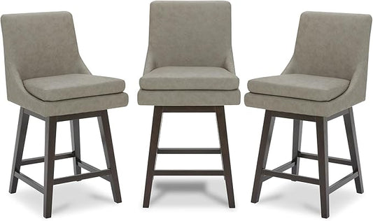 CHITA Counter Height Swivel Bar Stools Set of 3, FSC Certified Upholstered Faux Leather Barstool Chairs with Back, 26.8" H Seat Height, PU Leather in Stone Grey
