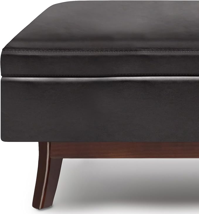 SIMPLIHOME Owen 48 inch Wide Mid Century Modern Rectangle Rectangular Storage Ottoman in Tanners Brown Vegan Faux Leather, Assembled, for the Living Room, Entryway and Family Room