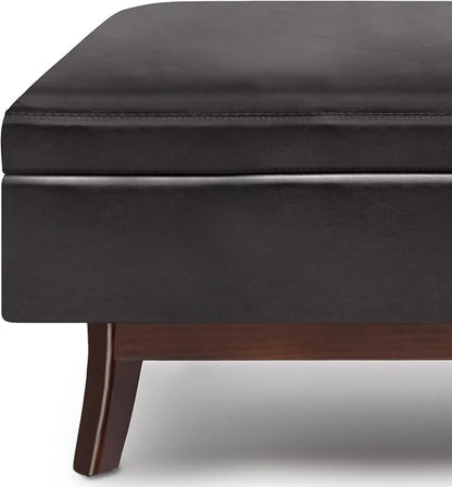 SIMPLIHOME Owen 48 inch Wide Mid Century Modern Rectangle Rectangular Storage Ottoman in Tanners Brown Vegan Faux Leather, Assembled, for the Living Room, Entryway and Family Room