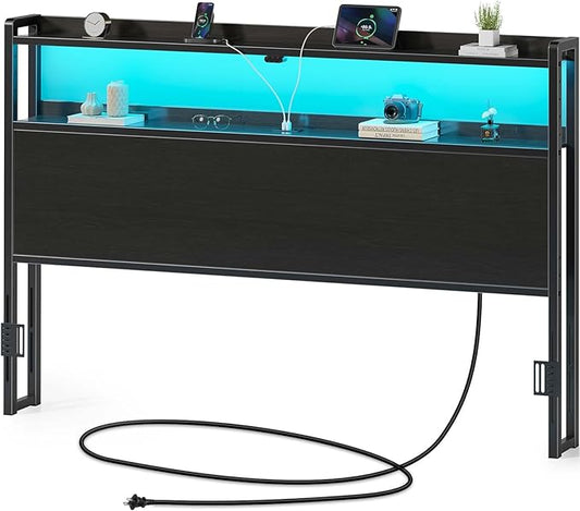 Rolanstar Headboard for King Size Bed with Storage, 60,000 DIY Color of LED Light, Head Board with USB & Type C Port, Height Adjustable, Black Cabeceras de Cama Comfortable Modern, Wood