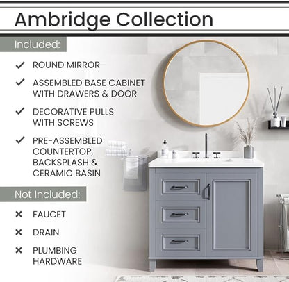 Hanover Ambridge 36'' Vanity Cabinet with Sink Combo for Bathroom, Powder Room | Pre-Assembled Cabinet | 1 Door, 3 Drawers | Artificial Stone Countertop, Gray Cabinet