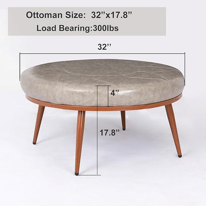 Round Ottoman Coffee Table - PU Leather Fabric, Metal Frame, Thick Cushioned Tabletop for Living Room, Therapy Room, or Style Lovers - Perfect as Coffee Table, Footstool, or Chair-Grey