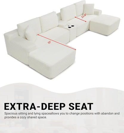 150" Oversized Modular Sectional Sofa,Deep Seat Cloud Corduroy Boneless Couch with Cup Holders,USB Ports, Wireless Charging & Storage Box,Upholstered Modular Sleeper Sofa for Living Room (Beige)