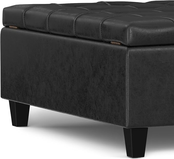 SIMPLIHOME Harrison Large Coffee Table Storage Ottoman - 40 inch Wide Upholstered Vegan Leather Square Lift-Top Ottoman in Distressed Black, Transitional Bench for Living Room with Sturdy Base
