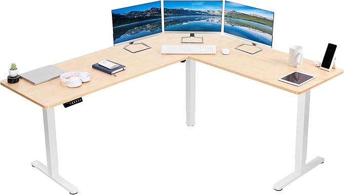 VIVO Corner Standing Desk, 75 x 63 inch Reversible L-Shaped Workstation, Electric Height Adjustment, Home, Office, and Reception Rooms, Real Bamboo Table Top White Frame, DESK-E3CTWO-75