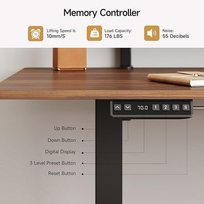 ONBRILL Standing Desk with 2 Adjustable Monitor Shelves, 71 x 24 Inches Electric Stand Up Desk with Memory Controller and Adjustable Height from 28-46 inches for Computer Workstations, Walnut