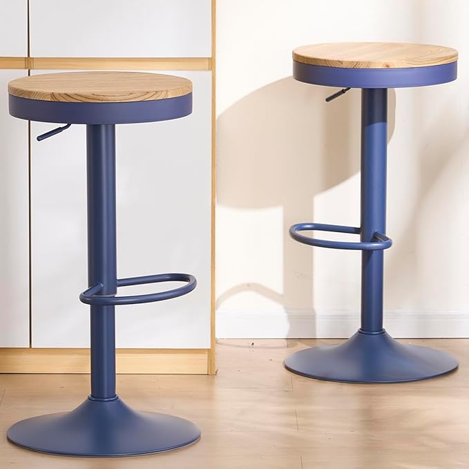 Kidol & Shellder Bar Stools Set of 6 Round Adjustable Swivel Barstools Modern Backless Bar Chairs Wooden Seat Counter Height Stools Armless for Kitchen Island, Cafe, Dining Room Blue
