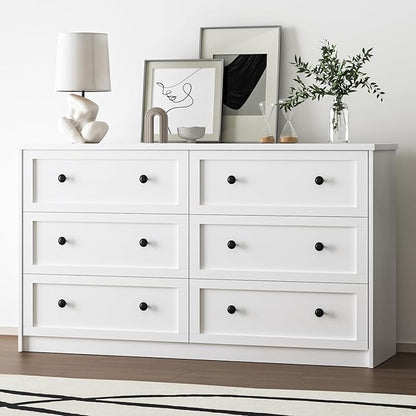 6 Drawer Double Dresser for Bedroom, 55.1" Wide Dressers & Chests of Drawers with Large Capacity Storage,White Dresser for Bedroom,Hallway,White