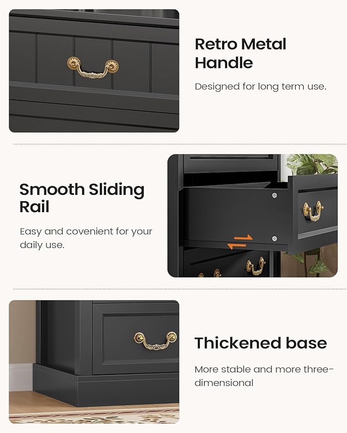 AOGLLATI Farmhouse Dresser with 7 Drawers, 58.7”Tall Wooden Chest of Drawers with Natural Texture, Vintage Design, Black Dresser for Bedroom, Black