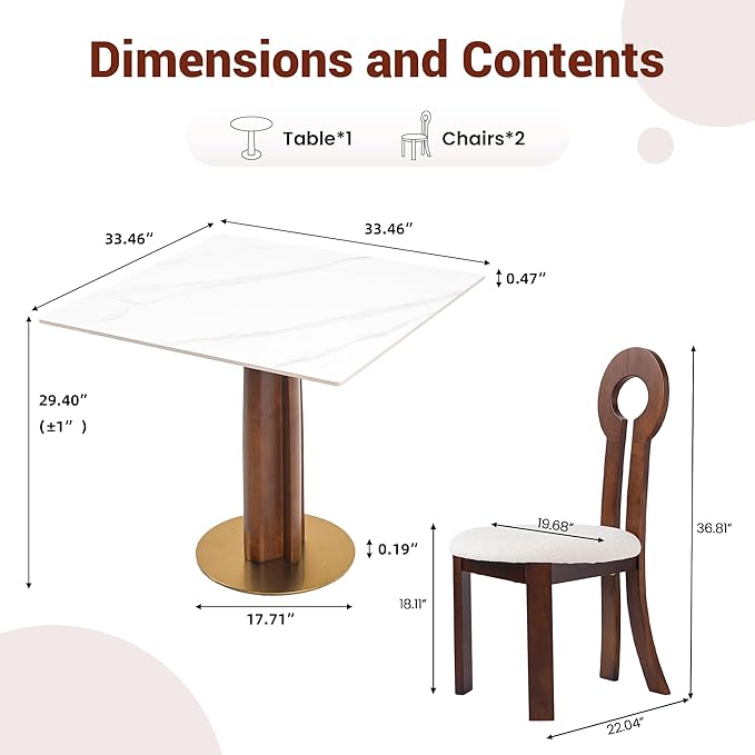 Sintered Stone Square Office Table and Chair Set - Meeting Table for Small Offices (Walnut‌ Leg and White Top, 1 Table and 2 Chairs)