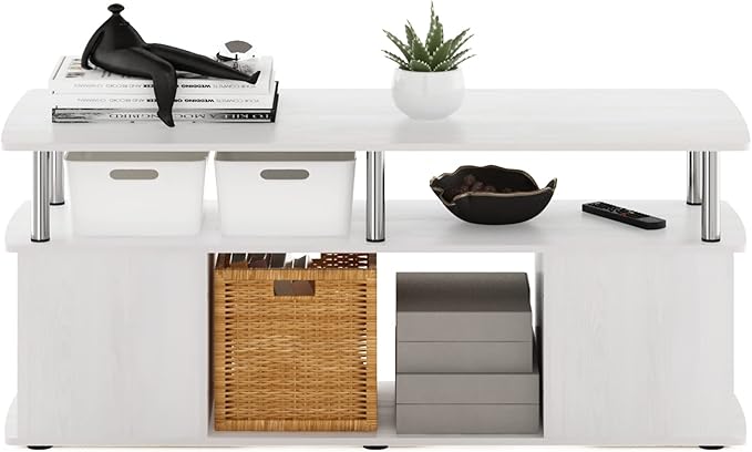 Furinno Jaya Coffee Table, Rectangle Modern Coffee Table with Open Shelf, Side Table with Side Storage, for Living Room, Bedroom, Home Office, White Oak/Stainless Steel