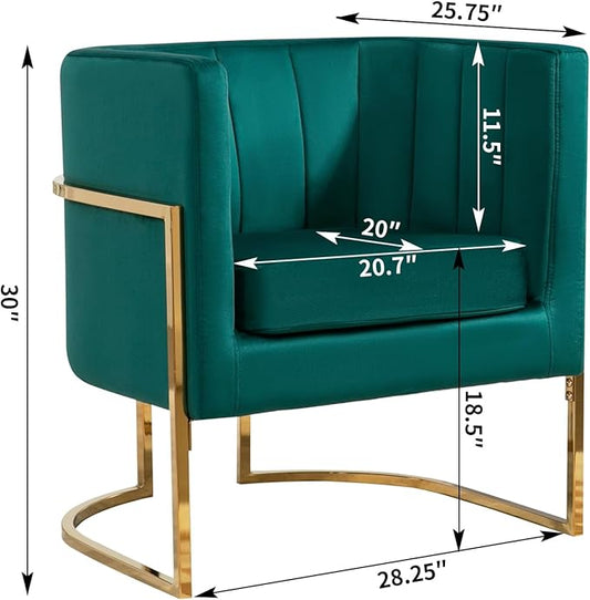 Velvet Modern Accent Chairs Set of 2, Upholstered Barrel Armchair Mid Century with Pillow for Living Room, Comfy Single Vanity Chair with Metal Gold Legs for Bedroom, Green