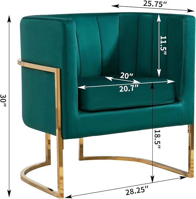 Velvet Modern Accent Chair, Upholstered Barrel Armchair Mid Century with Pillow for Living Room, Comfy Single Vnaity Chair with Metal Gold Legs for Bedroom, Green