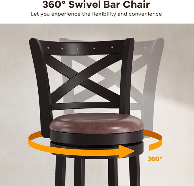 COSTWAY Bar Stools Set of 2, 30" Swivel Bar Height Bar Chairs with Copper Nails, Upholstered Seat, X-Shaped Backrest, Solid Rubber Wood Frame, for Kitchen Island Pub Bar