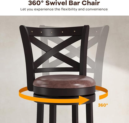 COSTWAY Bar Stools Set of 2, 30" Swivel Bar Height Bar Chairs with Copper Nails, Upholstered Seat, X-Shaped Backrest, Solid Rubber Wood Frame, for Kitchen Island Pub Bar