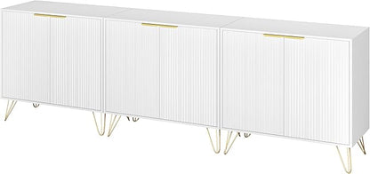 Storage Cabinet Set of 3, White Fluted Cabinet with Adjustable Shelves, Modern Coffee Bar for Kitchen, Living Room and Office