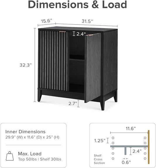 mopio Brooklyn Storage Cabinet, Modern Farmhouse Entryway Accent Case, Buffet Sideboard, Console Table, Credenza, Wood Modular Organizer with Doors & Shelf, Fluted Panel Cupboard (Black, Set of 2)