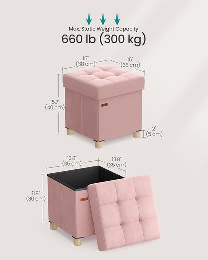 SONGMICS Small Storage Ottoman, Folding Ottoman Cube, 15 x 15 x 15.7 Inches, Footstool, Footrest, 9.8 Gal. (37 L), Velvet Surface, for Bedroom, Living Room, Dorm, Jelly Pink ULSF0516R01