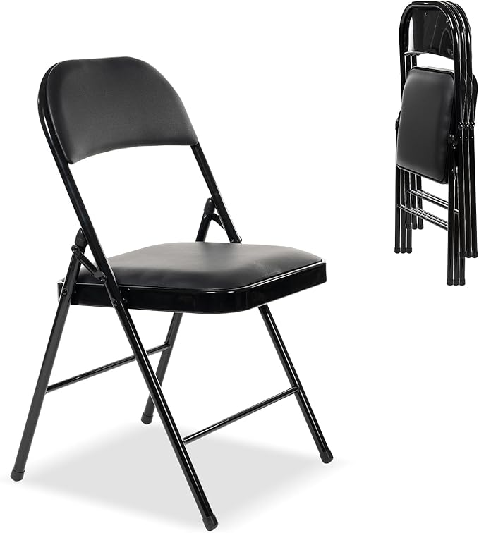 4 Pack Folding Chairs with Padded Seats, Padded Folding Chair with Steel Frame for Events Home Office, Pu Leather Folding Chair Black