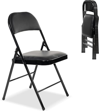 4 Pack Folding Chairs with Padded Seats, Padded Folding Chair with Steel Frame for Events Home Office, Pu Leather Folding Chair Black