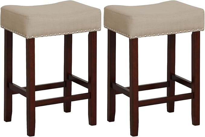COSTWAY Counter Height Bar Stools Set of 2, 25-inch Backless Saddle Stools with Nailhead Trim, Rubber Wood Frame, Footrest, Max Load 330 Lbs, Upholstered Barstools for Kitchen Island Pub, Beige