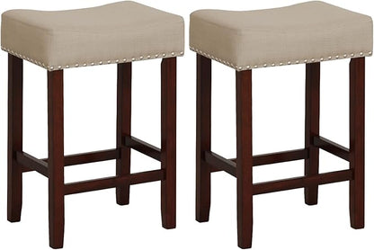 COSTWAY Counter Height Bar Stools Set of 2, 25-inch Backless Saddle Stools with Nailhead Trim, Rubber Wood Frame, Footrest, Max Load 330 Lbs, Upholstered Barstools for Kitchen Island Pub, Beige