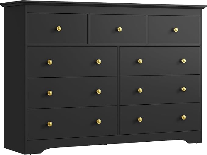 Black Dresser for Bedroom, 9 Drawer Dresser with Large Drawers, 55 Inch Wide Wood Chest for Living Room, Hallway