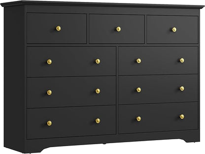 Black Dresser for Bedroom, 9 Drawer Dresser with Large Drawers, 55 Inch Wide Wood Chest for Living Room, Hallway