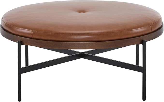 Christopher Knight Home Neapo Round Ottoman, Cocktail Ottoman, Upholstery Coffee Table, X Shape Legs, Comfortable Footstool, Durable Metal Frame, Spacious Seating for Living Room Entryway, Brown+Black