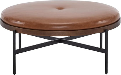 Christopher Knight Home Neapo Round Ottoman, Cocktail Ottoman, Upholstery Coffee Table, X Shape Legs, Comfortable Footstool, Durable Metal Frame, Spacious Seating for Living Room Entryway, Brown+Black
