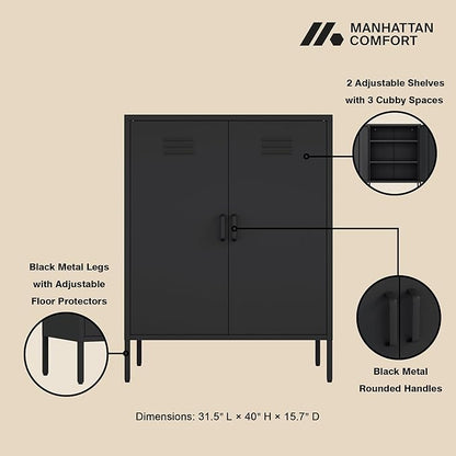 Manhattan Comfort Naomi Modern Metal Accent Cabinet, Minimalist Storage Cabinet with Doors & Adjustable Shelves, Vented Doors, Sturdy Steel Build, Versatile & Multi-Purpose Home Furniture, Black